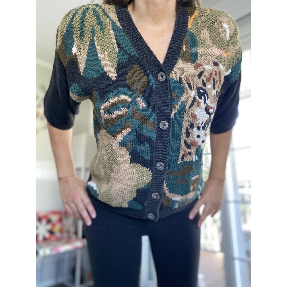 CHAUS short sleeved cardigan green Gray tiger print Cotton Blend S